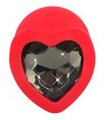 Красная силиконовая анальная пробка с черным стразом-сердечком - 7,9 см. - фото 1317728