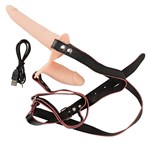 Телесный двойной вибрострапон с вибрацией Vibrating Double Strap-On - 15 см. 190275