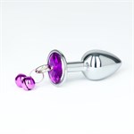 Серебристая анальная пробка с колокольчиками и фиолетовым кристаллом - 7 см. - фото 1436459