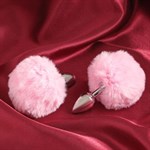 Серебристая анальная втулка с розовым хвостиком - фото 1369425