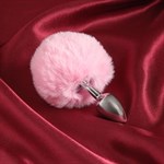 Серебристая анальная втулка с розовым хвостиком - фото 473387