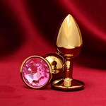 Золотистая анальная пробка с розовым кристаллом - фото 1420785