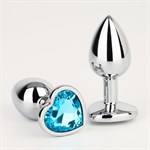Серебристая анальная пробка с голубым кристаллом в форме сердца - 7 см. - фото 1412405