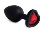 Черная анальная силиконовая пробка с красным стразом-сердцем - 7,5 см. - фото 1330627