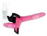 Поясной розовый виброфаллос с вагинальной пробкой - 17,5 см. - фото 1147844