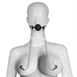 Серебристо-черный кляп с зажимами на соски Breathable Ball Gag With Nipple Clamp - фото 1411180