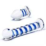 Набор из 2 стеклянных игрушек с синей спиралью Swirly Dildo   Buttplug Set - фото 1370543