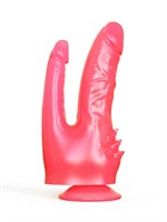 Розовый двойной фаллоимитатор с шипами и присоской - 21 см. 33280