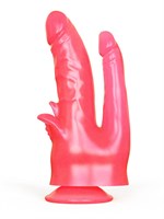 Розовый двойной фаллоимитатор с лепестками и присоской - 19,5 см. 33281