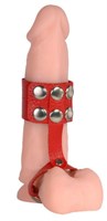 Красный кожаный поводок на пенис с кнопками - фото 1347945