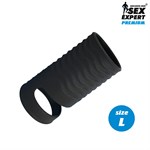Черная открытая насадка на пенис с кольцом для мошонки L-size - 8,5 см. - фото 481951