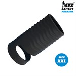 Черная открытая насадка на пенис с кольцом для мошонки XXL-size - 9,4 см. - фото 481956