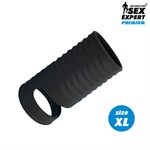 Черная открытая насадка на пенис с кольцом для мошонки XL-size - 8,9 см. - фото 481966