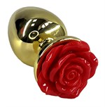 Золотистая анальная пробка с ограничителем в форме красной розы - 10 см. - фото 1418988