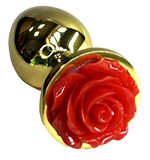 Золотистая анальная пробка с ограничителем в форме красной розы - 8 см. - фото 1418990