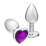 Серебристая анальная пробка с фиолетовым кристаллом в форме сердца - 7 см. - фото 1424346