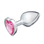 Серебристая анальная пробка с розовым кристаллом в форме сердца - 7 см. - фото 1424351