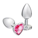 Серебристая анальная пробка с розовым кристаллом в форме сердца - 7 см. - фото 1424350