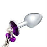 Серебристая анальная пробка с фиолетовым кристаллом, колокольчиками и поводком - фото 1424009