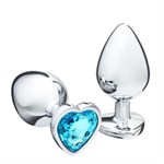 Серебристая коническая анальная пробка с голубым кристаллом-сердечком - 9 см. - фото 1425340