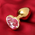 Золотистая анальная пробка с розовым кристаллом в форме сердца - 7 см. - фото 1424380
