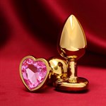Золотистая анальная пробка с розовым кристаллом в форме сердца - 7 см. - фото 1424379