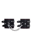 Черные кожаные наручники с двумя ремнями и контрастной строчкой - фото 1432472