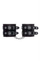 Черные кожаные наручники с двумя ремнями и контрастной строчкой - фото 1432473
