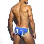 Синие мужские плавки в полоску с салатовой вставкой и кармашком 383161