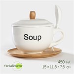 Супница фарфоровая с ложкой на бамбуковой подставке BellaTenero, 450 мл, 15×11,5×7,5 см, цвет белый 415154 - фото 710141