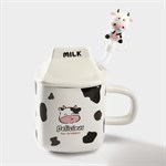 Кружка керамическая с крышкой и трубочкой Milk, 350 мл, цвет белый и чёрный 459855 - фото 791964