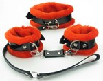 Черно-красные меховые наручники и ошейник с поводком - фото 1392247