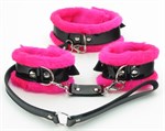 Черно-розовые меховые наручники и ошейник с поводком - фото 314916