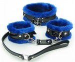 Черно-синие меховые наручники и ошейник с поводком - фото 1392361