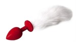 Красная силиконовая анальная пробочка с пушистым белым хвостом - фото 147517