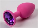 Розовая силиконовая анальная пробка с фиолетовым стразом - 7,1 см. - фото 315065