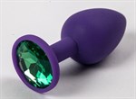 Фиолетовая силиконовая анальная пробка с зеленым стразом - 7,1 см. - фото 147533