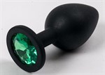 Черная силиконовая анальная пробка с зеленым стразом - 8,2 см. - фото 1360111