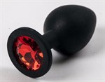 Черная силиконовая анальная пробка с красным стразом - 8,2 см. - фото 315076