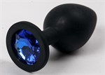 Черная силиконовая анальная пробка с синим стразом - 8,2 см. - фото 315079