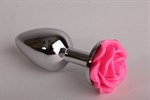 Серебристая анальная пробка с розовой розочкой - 7,6 см. - фото 148552