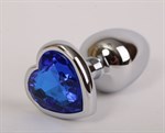 Серебристая анальная пробка с синим стразиком-сердечком - 7,6 см. - фото 1392830