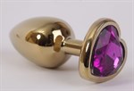 Золотистая анальная пробка с фиолетовым стразиком-сердечком - 7,5 см. - фото 50593
