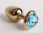 Золотистая анальная пробка среднего размера с голубым стразиком-сердечком - 8 см. - фото 50594