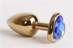 Золотистая анальная пробка с синим стразиком-сердечком - 8 см. - фото 1392902