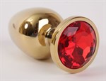 Золотистая анальная пробка с красным кристаллом - 9,5 см. - фото 50607