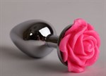 Серебристая анальная пробка с розовой розочкой - 8 см. - фото 144032
