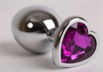 Серебристая анальная пробка с фиолетовым стразиком-сердечком - 8 см. - фото 144040