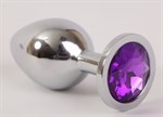 Серебристая анальная пробка с фиолетовым стразом - 8,2 см. - фото 144048