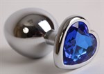 Серебристая анальная пробка с синим стразиком-сердечком - 8,2 см. - фото 1392934